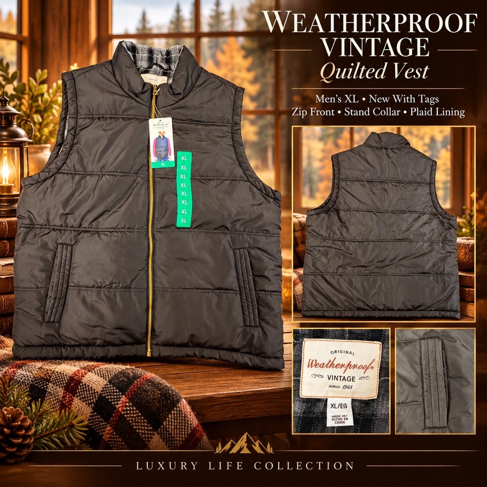 Weatherproof Vintage Mens Puffer Vest Black Plaid Lined Full Zip XL 1421807